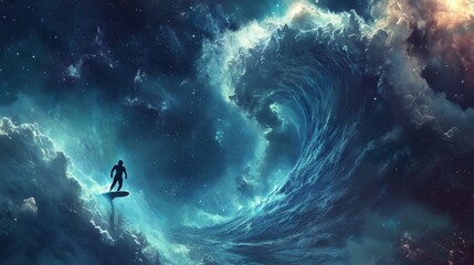 Wall Mural - A tiny figure surfing on a gigantic cosmic wave in outer space 