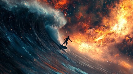 Wall Mural - A tiny figure surfing on a gigantic cosmic wave in outer space 