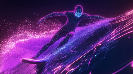 Wall Mural - A neon cyber-wave with a digital holographic surfer