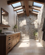 © noiteterna - Baño rústico con ducha de piedra, madera clara, plantas decorativas y luz natural, ideal para diseño de interiores cálido, decoración ecológica y contenido visual sobre bienestar y estilo relajado.