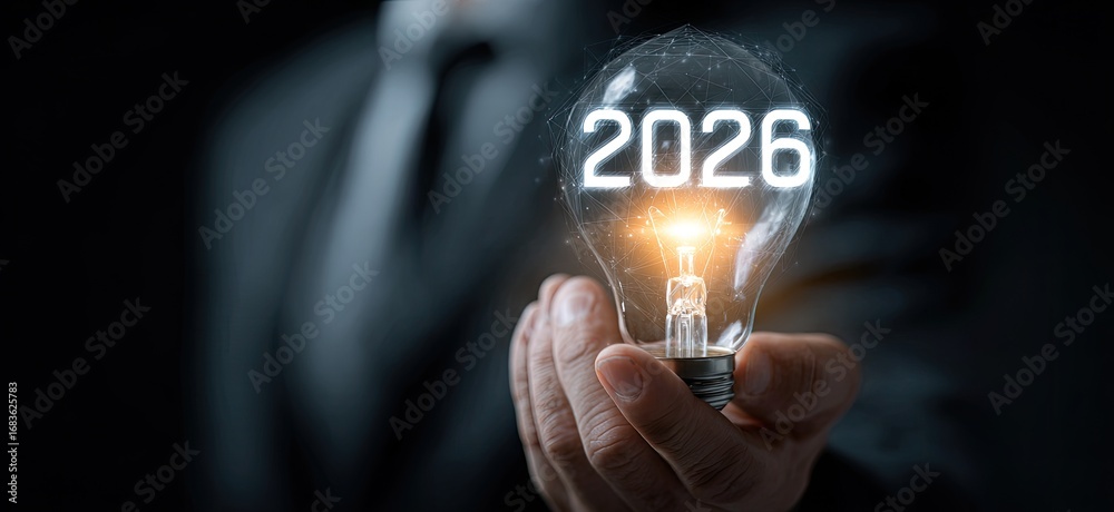 Businessman holds illuminated lightbulb with the year 2026 displayed ...