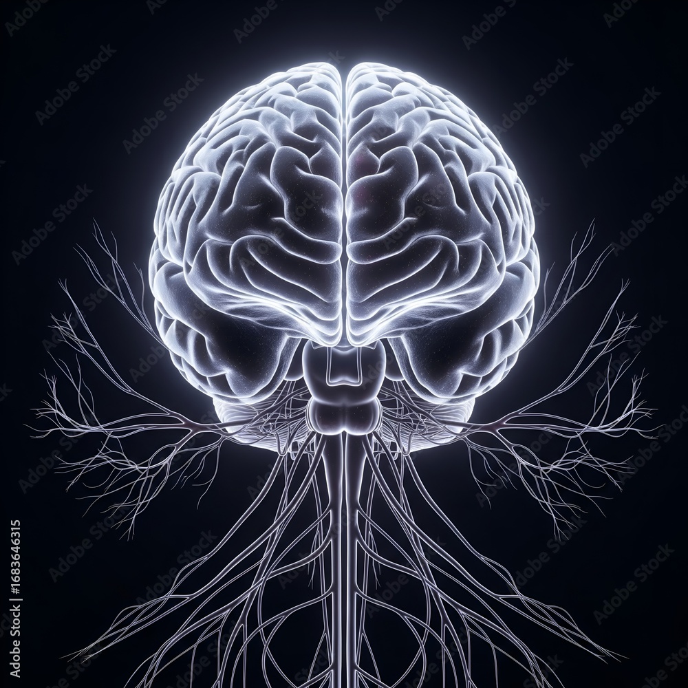 Glowing human brain and nervous system with neural pathways illuminated ...