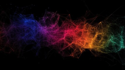 Wall Mural - Colorful mesh of interconnected points and lines against a black background, creating a flowing visual
