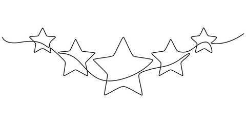 Continuous one line drawing of five star rating Concept of rating service and customer reviews vector illustration, Five stars outline drawing. Hand drawn doodle stars illustration in continuous line.