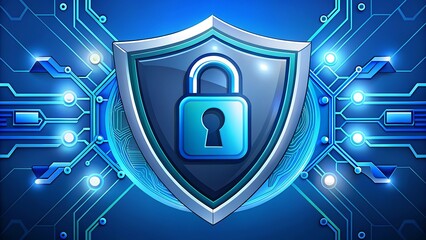 Blue padlock symbolizes security on a shield with a circuit background. Suitable for cybersecurity concepts in digital designs and presentations.