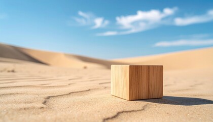Wooden cube in a desert landscape