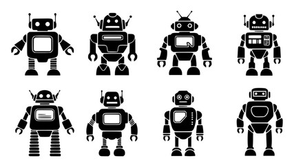 A captivating illustration featuring an array of distinct, retro-style robots, each exuding its own unique charm, presenting a seamless blend of technology and artistic expression.