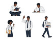 © Gennyson Marinho - Illustrations of students in various poses reading writing raising hand and carrying books on white