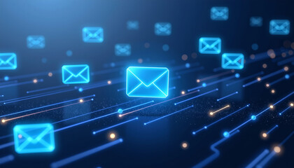 Digital network email glowing icons float in futuristic space with blue light lines and abstract technology background