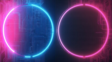 Wall Mural - Two glowing circles, left in blue and right in pink, against a circuit board pattern