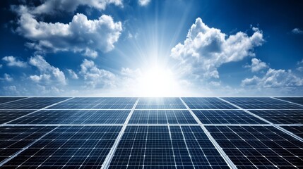 A large solar panel array fills the foreground with bright sunlight shining through scattered clouds in the background,