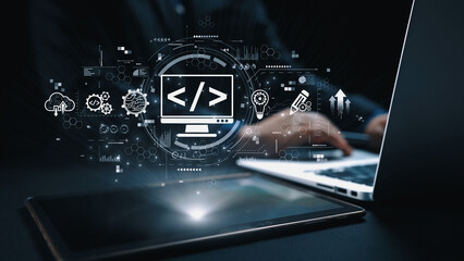 Modern web development concept featuring coding symbols, web development process, web development interface, and web development tools with futuristic design. Elide