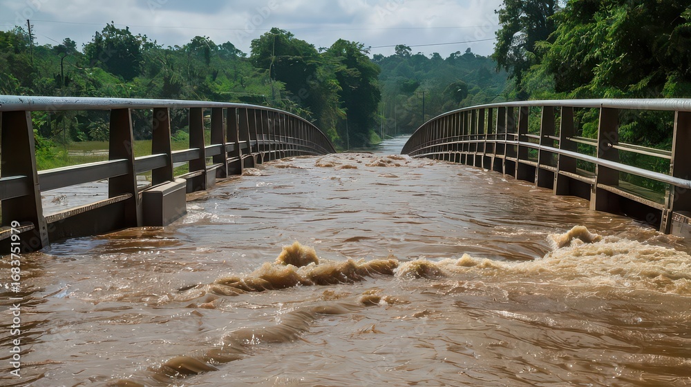 Floodwater rushes over a bridge after heavy rainfall in a rural area ...
