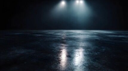 Wall Mural - dramatic spotlights illuminate a dark reflective floor creating a mysterious and empty atmospheric s