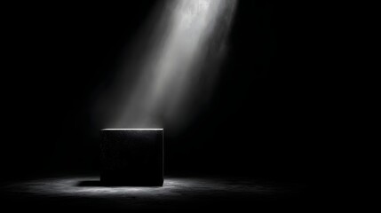 Wall Mural - a lone black pedestal is sharply illuminated by a dramatic spotlight beam cutting through a dark emp