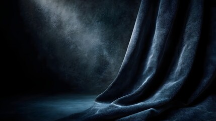 Wall Mural - elegant dark blue velvet fabric draped with dramatic spotlight illumination and soft shadows creatin