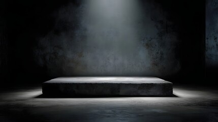 Wall Mural - a concrete display platform stands illuminated by a single spotlight in a dark minimalist and textur
