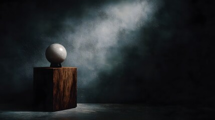 Wall Mural - marble sphere on a dark wooden block illuminated by a dramatic spotlight cutting through atmospheric