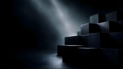 Wall Mural - dramatic light illuminates a stack of matte black geometric cubes creating a mysterious and luxuriou