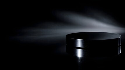 Wall Mural - an elegant dark cylindrical display stand with a reflective surface is illuminated by a dramatic spo