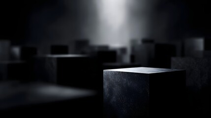 Wall Mural - abstract dark geometric background featuring illuminated textured pedestals in a mysterious dimly li