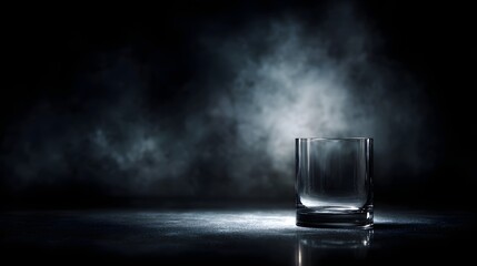 Canvas Print - an empty transparent glass stands illuminated on a dark reflective surface surrounded by atmospheric