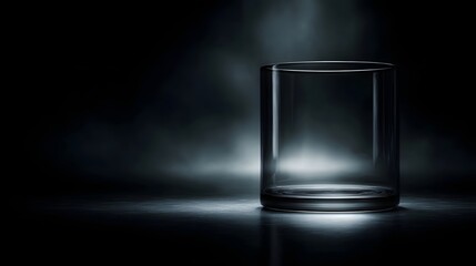 Canvas Print - empty clear glass on a dark reflective surface illuminated by soft dramatic light creating a mysteri
