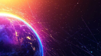 Wall Mural - Digital depiction of Earth with light and interconnected network lines in cosmos, with aurora hues