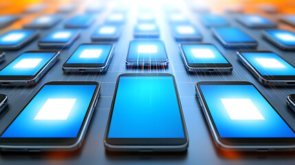 Array of Smartphones with Illuminated Screens and Data Streams