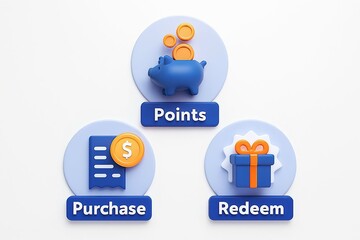 Loyalty program concept with piggy bank for points purchase and gift box for redemption