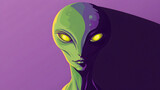 Futuristic green humanoid alien with yellow eyes on purple background for sci-fi concepts