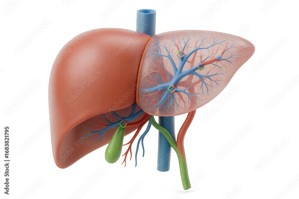 Human Liver Anatomy, Illustration Showing Hepatic Structure and Vessels ...