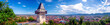 Panoramic view with Castle Hill (Schloßberg) and famous clock tower (Uhrturm) on Graz in Styria, Austria