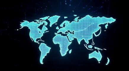 An elegant global vector map with glowing binary code on a black background illustrates a futuristic digital business world