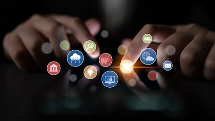 Set of business and digital service icons representing finance, cloud, analytics, email, communication, ecommerce, cybersecurity, and global connectivity in a modern ecosystem Latch
