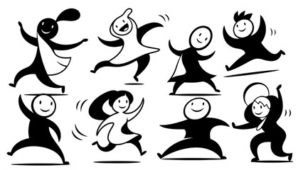 Wall Mural - Top View People Outline Set | Mom and Girls Walking Vector Figures Isolated on White Background