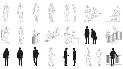 Wall Mural - CAD People Vector Set | Men and Women Standing, Walking, Talking Front, Back, Side View Symbols for Architecture and Landscape Design