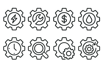 Outline vector icons of gears: energy, tools, finance, water, time, search, process, settings — set of modern line style icons, transparent background.  