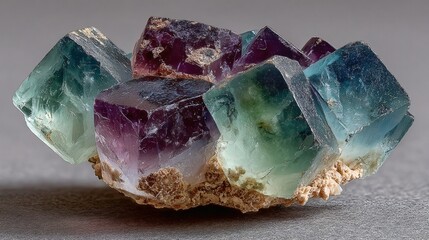 Closeup view of a cluster of multicolored fluorite mineral specimens, displaying cubic crystal structures with purple and teal facets, set against a neutral background