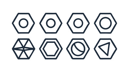 Collection of eight hexagonal shapes with different inner designs in a line formation on white backdrop
