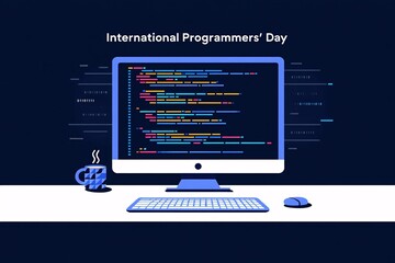 Celebrating international programmers day with a computer and coding screen