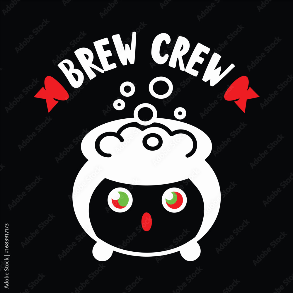 Whimsical Brew Crew Cauldron Cartoon with Bubbles, Ribbons, and Playful ...