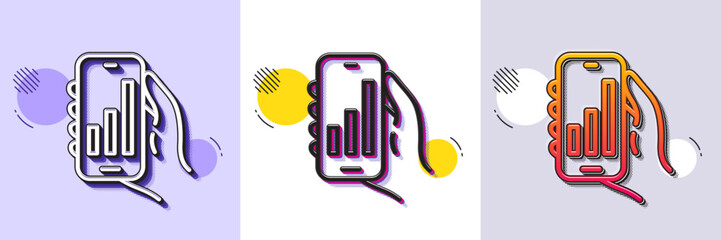 Wall Mural - analysis app line icon. halftone dotted pattern. gradient icon with grain shadow. hand hold phone si