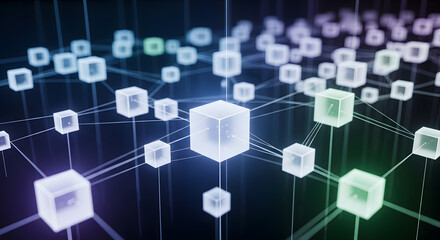 An ethereal dreamscape of sentient data visualized as a glowing, decentralized network of interconnected information cubes