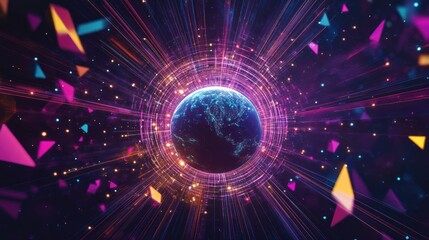 Wall Mural - A glowing planet core surrounded by colorful geometric shapes and energy bursts on a dark cosmic backdrop