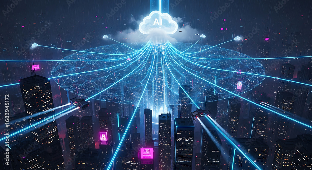 Futuristic city with cloud ai connections and flying vehicles above the ...