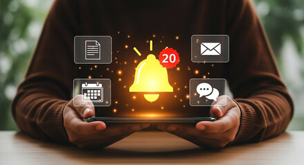 Person holding phone with notification bell and icons floating above the device screen display on transparent background