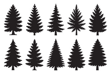 Collection of ten silhouette pine trees with varied branch density and shape on a clean silhouette