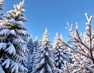 Wall Mural - Serene winter wonderland: snow-laden pines and frosted branches under a clear sky, forest, white, coniferous