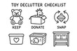 © Александр Михайлюк - Toy Declutter Doodle Set. Toy declutter checklist doodle set: hand drawn icons for keep-donate-swap system and storage icons,